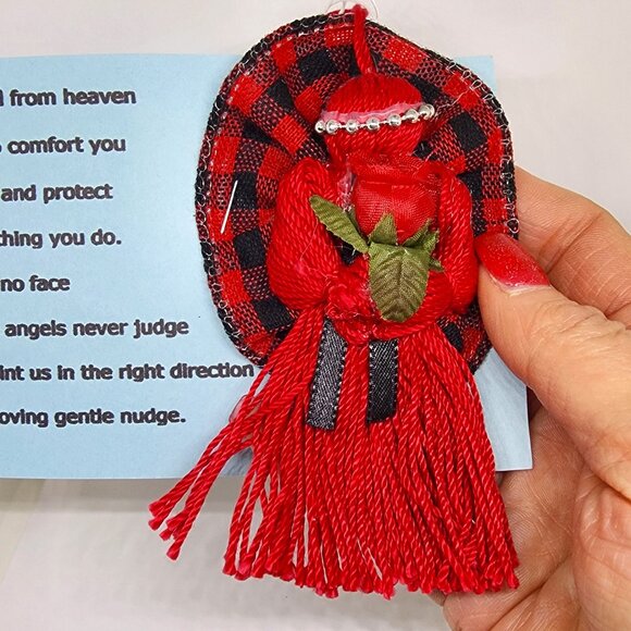 Handmade Red Black Yarn Angel Comfort Love Gift Christmas Holiday Ornament - Picture 4 of 4